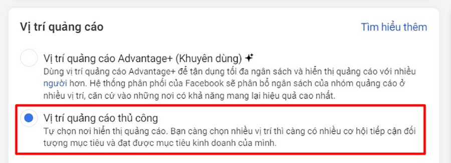 Nên chọn Vị trí quảng cáo thủ công để tối ưu