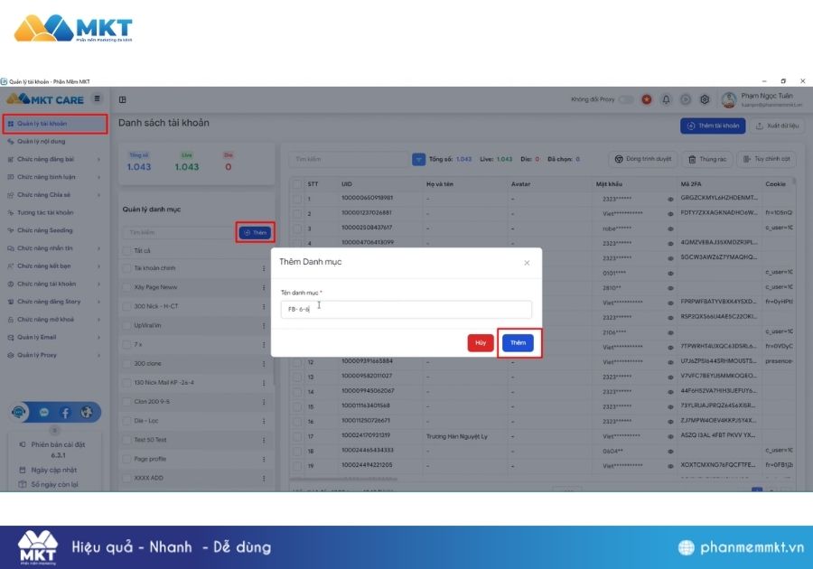 Hướng dẫn chi tiết cách thêm tài khoản vào phần mềm MKT Care