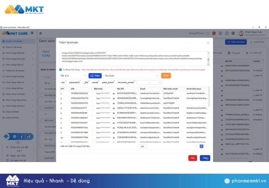Hướng dẫn chi tiết cách thêm tài khoản vào phần mềm MKT Care